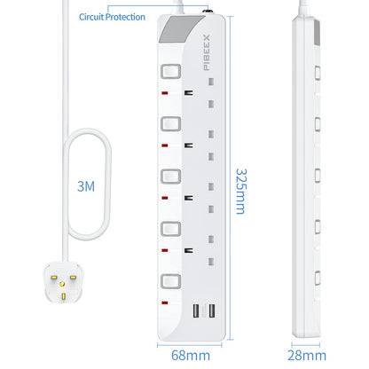 3M Extension Lead with USB Slots, 4 Way 2 USB Extension Socket with Individual Switches Mountable Power Strips with 3M Extension cable 3250W