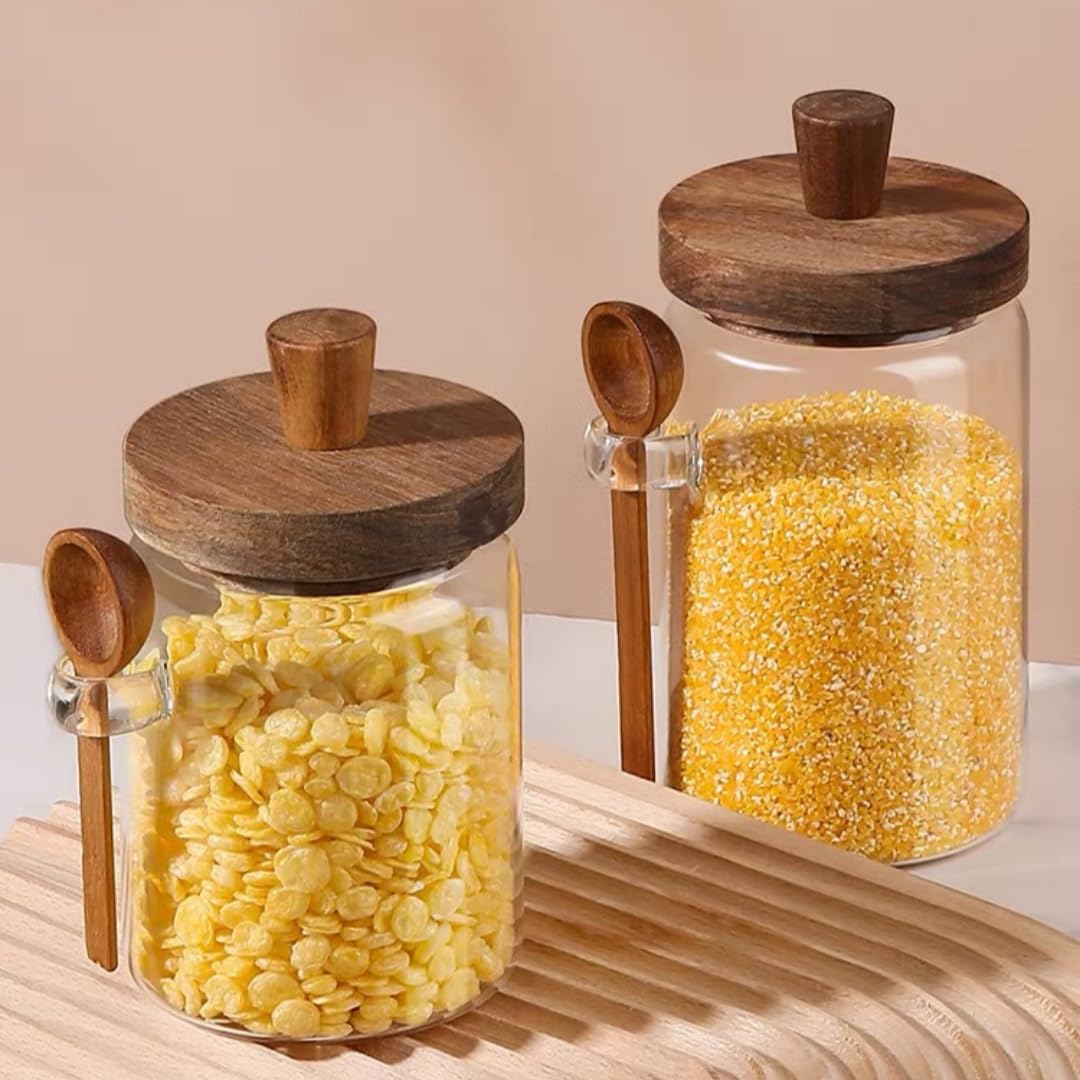 ANSQU Set of 2 Glass Food Storage Jars with Bamboo Wood Lid and Spoon, 27oz Glass Kitchen Canisters for Coffee, Tea, Cereal, Spice and Canning, Mason Jars (27oz-2pack)