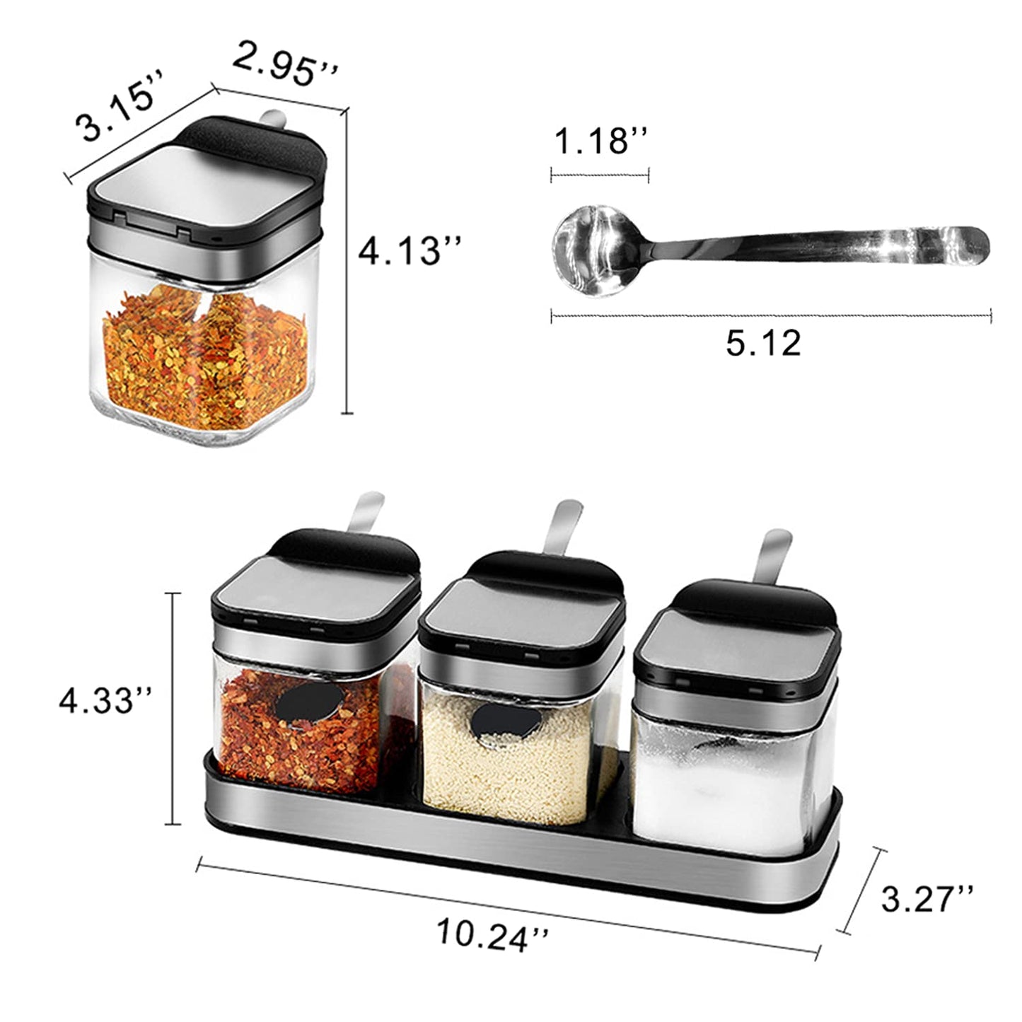 SvaTao Condiment Jar Spice Container with 304 Stainless Steel Lids and Spoons,Clear Glass Condiment Canisters Pots Seasoning Box Salt Container Sugar Bowl Set of 3 for Kitchen, Counter, Food Storage