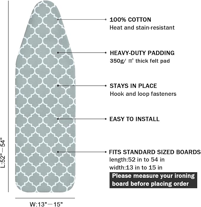 Ironing Board Cover and Pad Standard Size 15" x 54", 3 Pairs of Hook and Loop