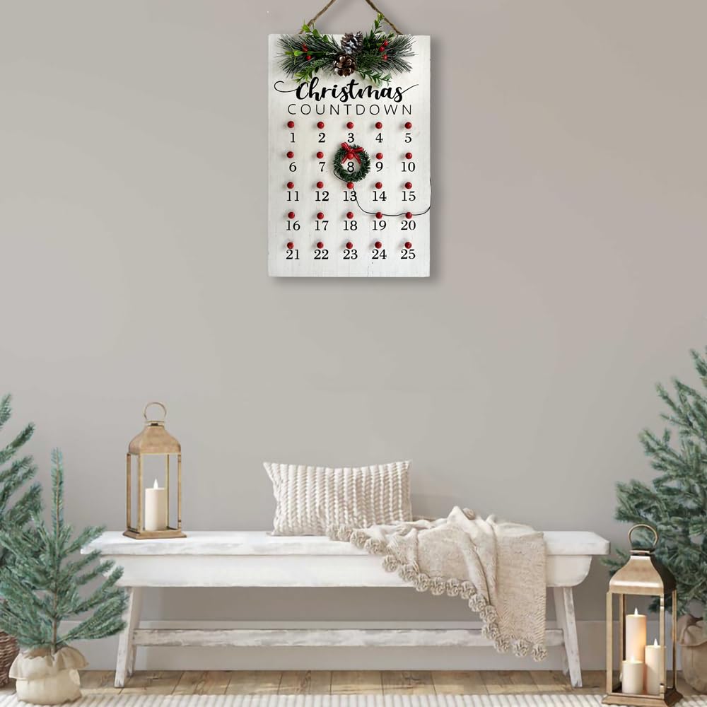 HOMirable Christmas Countdown 25 Days Wreath Advent Calendar Number Date Decor Merry Christmas Sign Rustic Wooden Home Decorations Holiday Xmas Party Ornament Gift