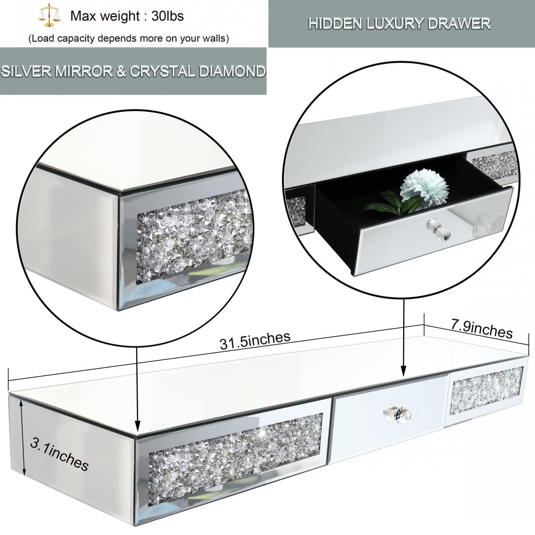 ST3000 Crystal Diamond Mirrored Wall Shelf with Drawer-31.5" Silver Mirror Crushed Glass Floating Shelf for Bedroom, Living Room, Vanity, Entryway-Glam Art Deco Display Shelf (Can Also Rest on Table)