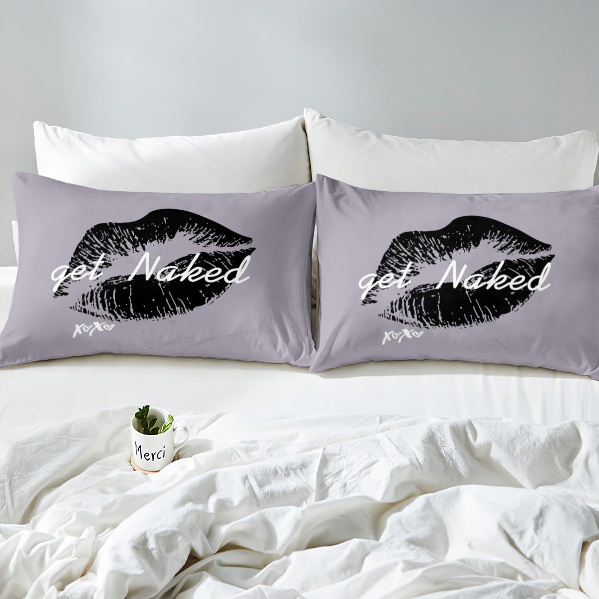 Get Naked Bedding Set Funny Quotes Kiss Fitted Sheet & Pillow Sham Set Sexy Feminine Lips Print Art Bed Sheet Set for Men Women Couple Lover Grey White Bed Cover No Flat Sheet Room Decor Full Size