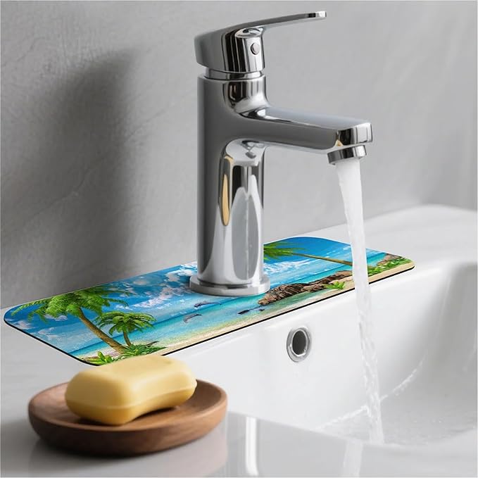 Kitchen Sink Splash Guard，Summer coconut Beach dolphins Faucet Mat Sink