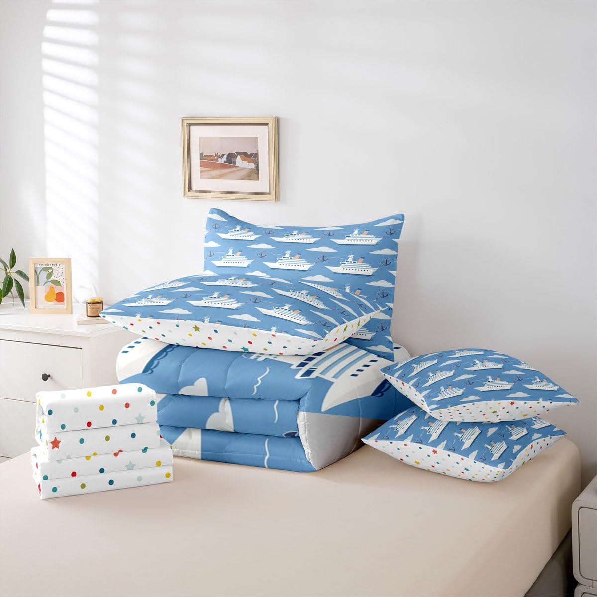 Erosebridal Boys Nautical Sailboat 7 Pieces Bedding Set Twin, Ocean Ship Comforter Set with Sheets, Boat Anchor Bed in A Bag, White Cloud Blue Sky Nautical Bed Sets for Kids Teens Youth Men Bedroom