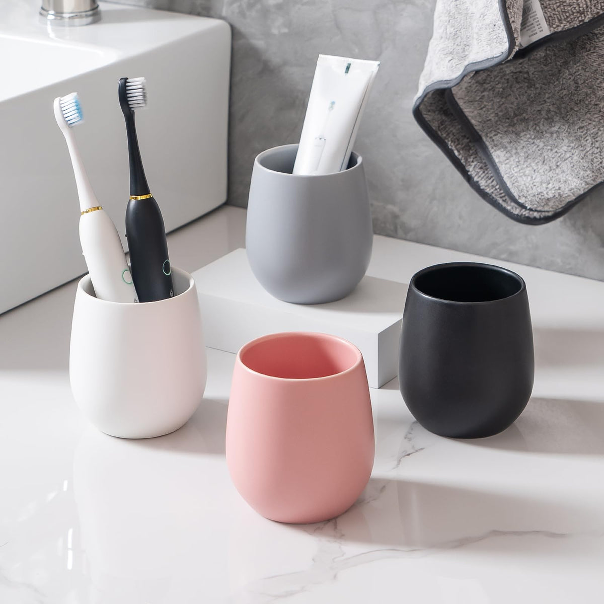 Grey Ceramic Toothbrush Holder - 11Oz Small Bathroom Tooth Brushing Holders, Reusable Mouthwash Cup, Toothpaste Holder, Makeup Brush Holder, Pen Holder for Bathroom Countertop, 1PC