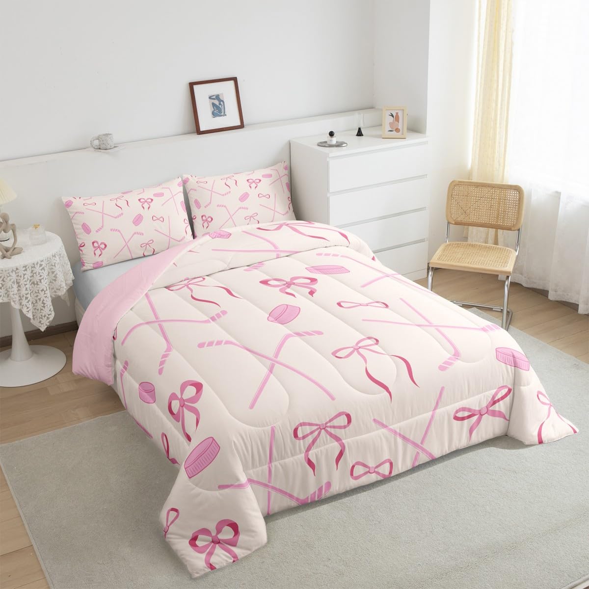Castle Fairy Ice Hockey Full Bedding Set for Kids Adults,Girls Pink Hockey Stick and Ball Comforter Bed Set,Butterfly Bow Princess Style Quilt Set 3 PCS,Kawaii Girls Woman Duvet Insert,2 Pillow Cases