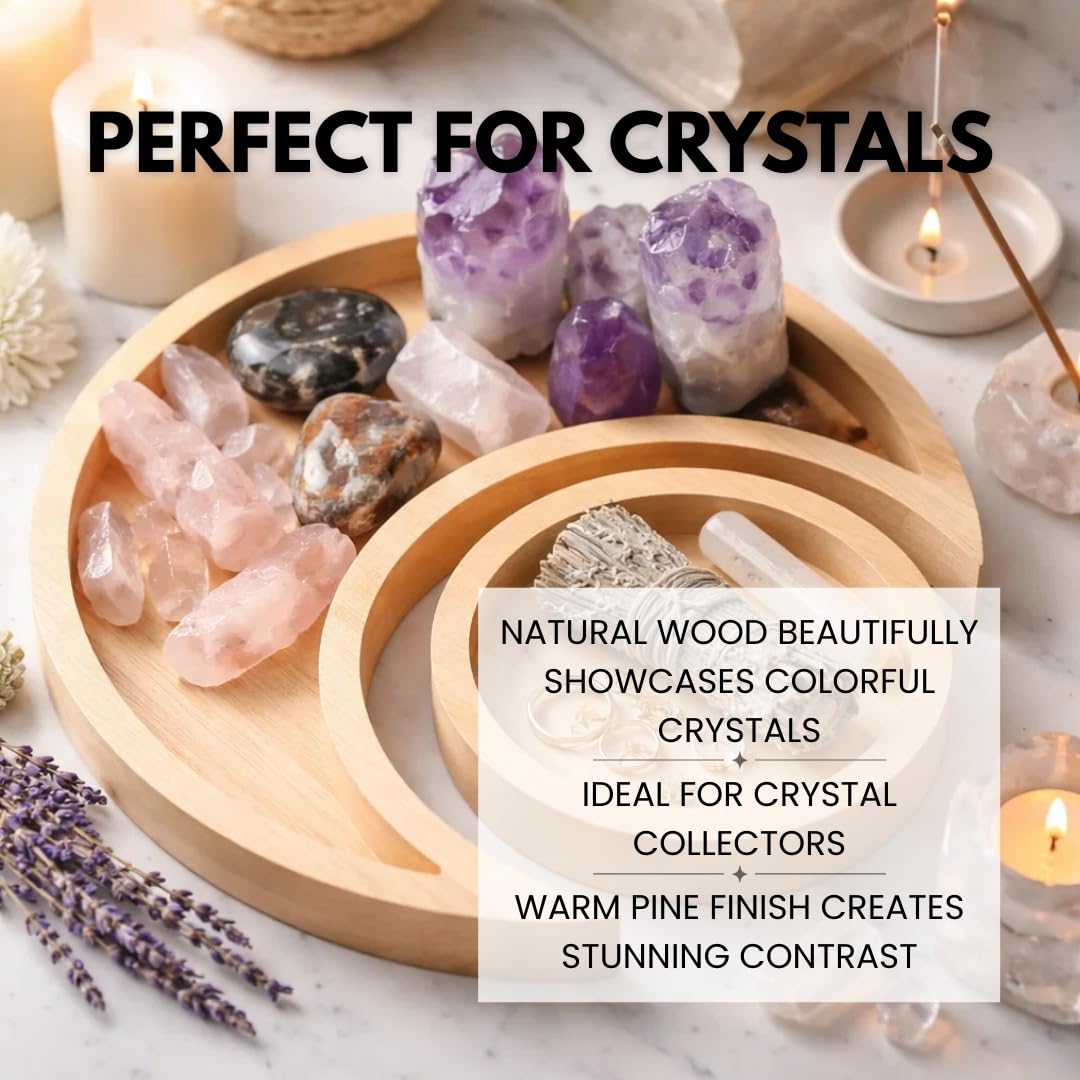 Natural Pine Wood Moon Crystal Display Tray with Dish - Wooden Altar Tray 9.6" x 4.2" for Crystals and Stones Storage - Solid Wood Jewelry Organizer - Bohemian Spiritual Decor