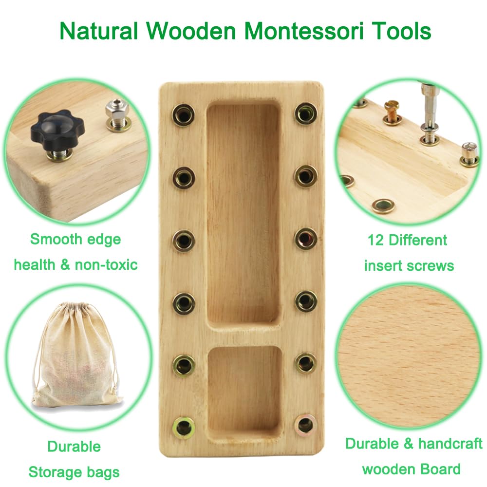 Inslat Montessori Screwdriver Board Set, Wooden Montessori Toy Tool for 3 4 5 Year Old Kids, Educational Screw Board Sensory Learning Toys STEM Fine Motor Skills Toys