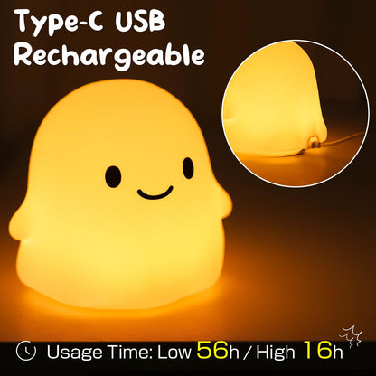 PSDRIQQ Cute Ghost Night Light Squishy Silicone Nursery Nightlight Dimmable Rechargeable Bedside Lamp with Timer & Tap Control, Christmas Gift Halloween Decor