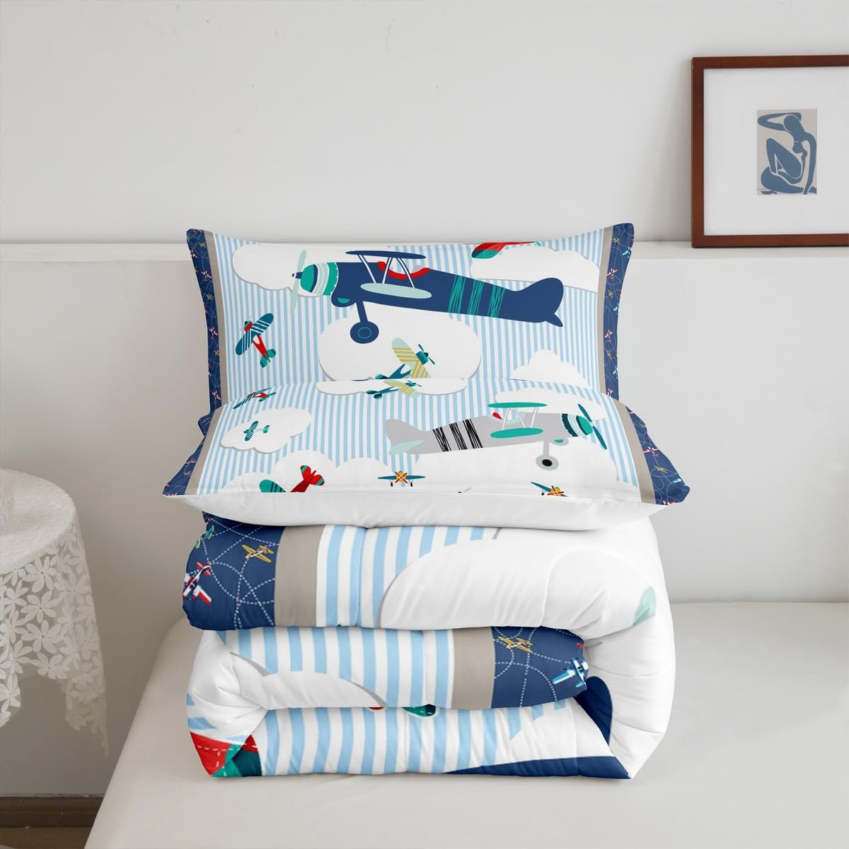 Castle Fairy Kids Airplane Full Size Comforter Set Blue Sky and White Clouds Bedding Set for Kids Adults Teens Aviation Aircraft Comforter Luxury Modern Airplane Quilt Set Room Decor 3Pcs