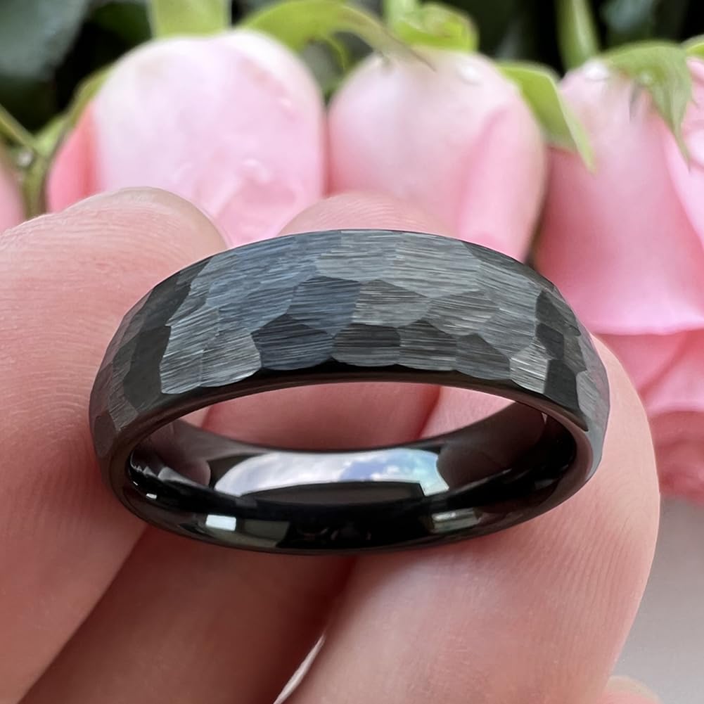 TUTISS 6mm Black Hammered Tungsten Rings for Men Women Fashion Engagement Wedding Bands Domed Matte Finish Comfort Fit Size 7