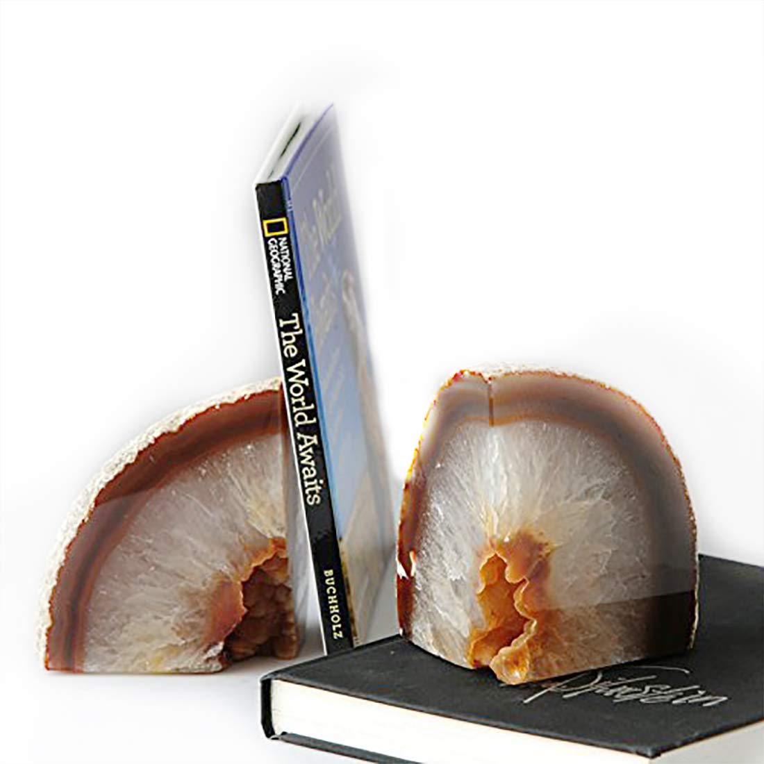 JIC Gem Natural Agate Geode Bookends Anti-Slip Heavy Duty 1 Pair 6-8 Lbs