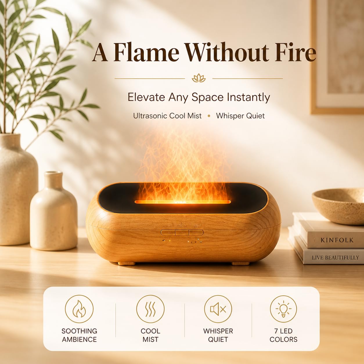 AquaAura LED Diffuser, 160ml Essential Oil Diffuser with Realistic Flame Mist, 7 LED Colors, Timer & Auto Shut-Off for Bedroom, Home, and Office