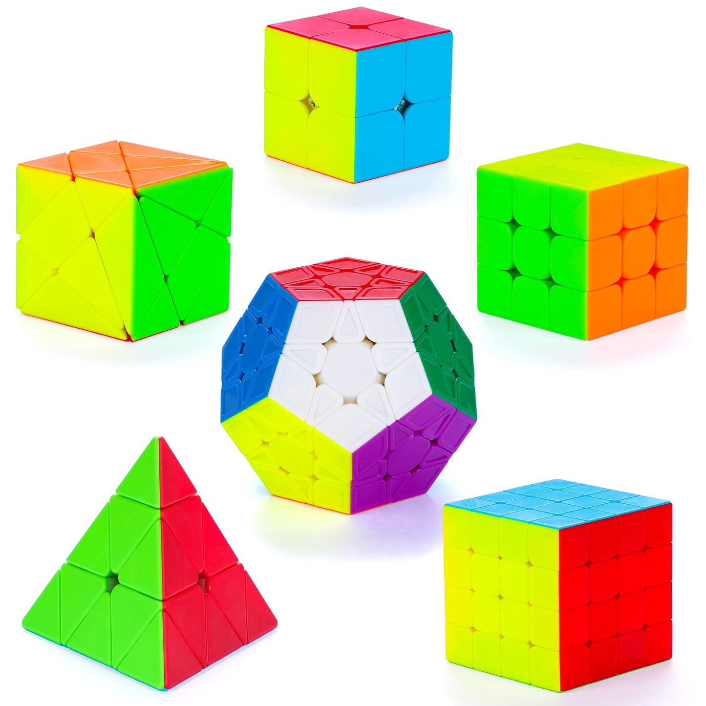 Coolzon Magic Cube Set, 6 Pack Speed Puzzles 2x2x2, 3x3x3, 4x4x4, Pyraminx, Megaminx, Skewb - Smooth, Stickerless Cubes for Kids & Adults