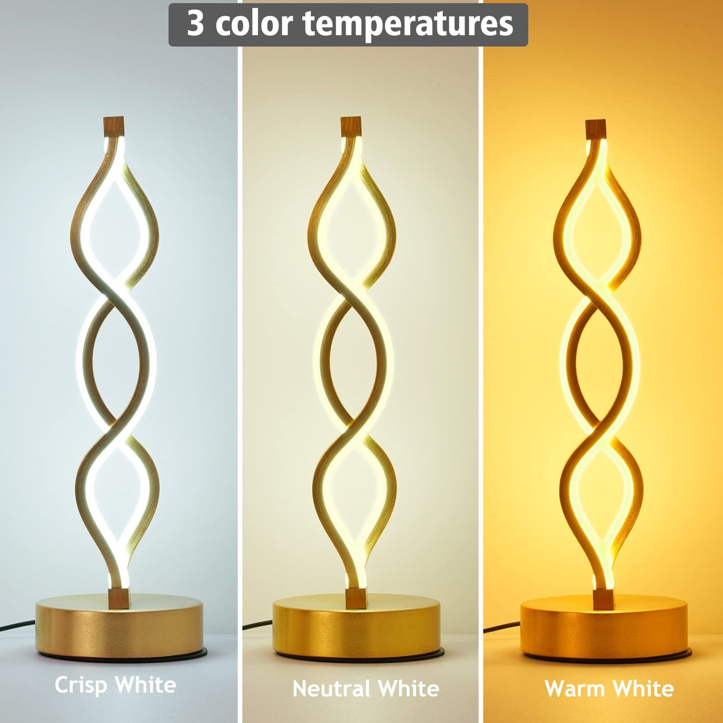 NUÜR Gold Infinity Spiral LED Table Lamp, Lamps for Bedrooms Dimmable Metallic Bedside Lamp with Touch Controller, 3 Colour Temperature, 15.8 Inch Height for Living Room