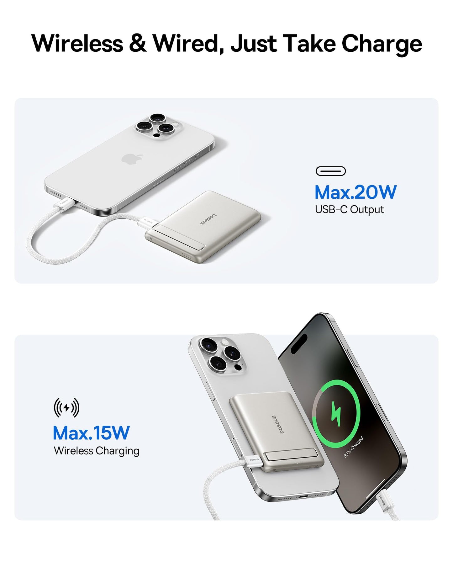 Baseus Picogo Power Bank, Smallest 5000mAh Magnetic Portable Charger with Stand, Qi2 Certified 15W Ultra-Mini MagSafe Battery Pack, Alloy Wireless Travel Fast Charger for iPhone 17/16 Series(Grey)