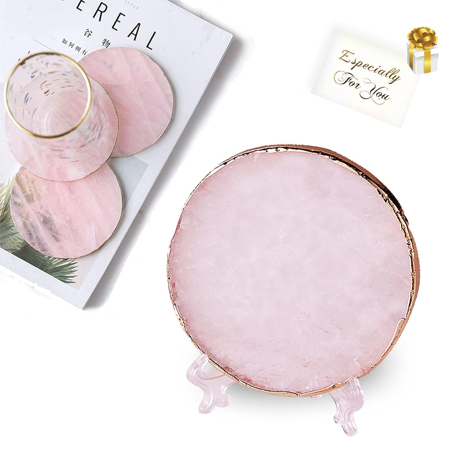 Yougoals Rose Quartz Coaster Single with Stand (4 PCS),Pink Round Agate Coaster for Drinks,Natural Rose Crystal Stone with Golden Edge, Gemstone Geode Decor Gifts