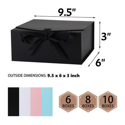 OEMVALATY 6-Pack Gift Boxes,9.5x6x3 Inch Magnetic Gift Boxes with Lids for Presents,Black with Ribbon, Bridesmaid Proposal Box for Wedding, Storage, Birthday
