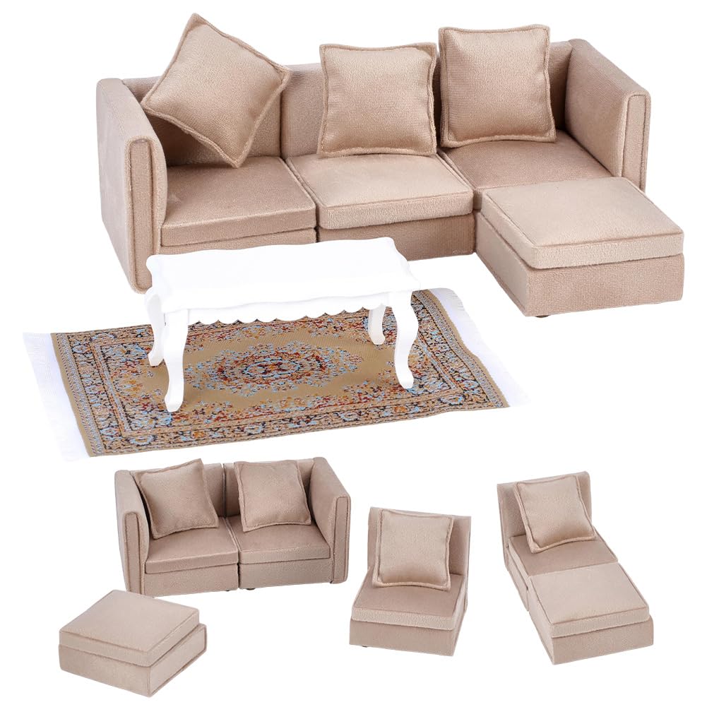 ORIGACH 3 PCS Dollhouse Furnitures Miniature Sectional Couch Set with Coffee Table and Carpet, Wooden Dollhouse Furniture Set, 1/12 Scale Living Room Furniture Accessory for Décor