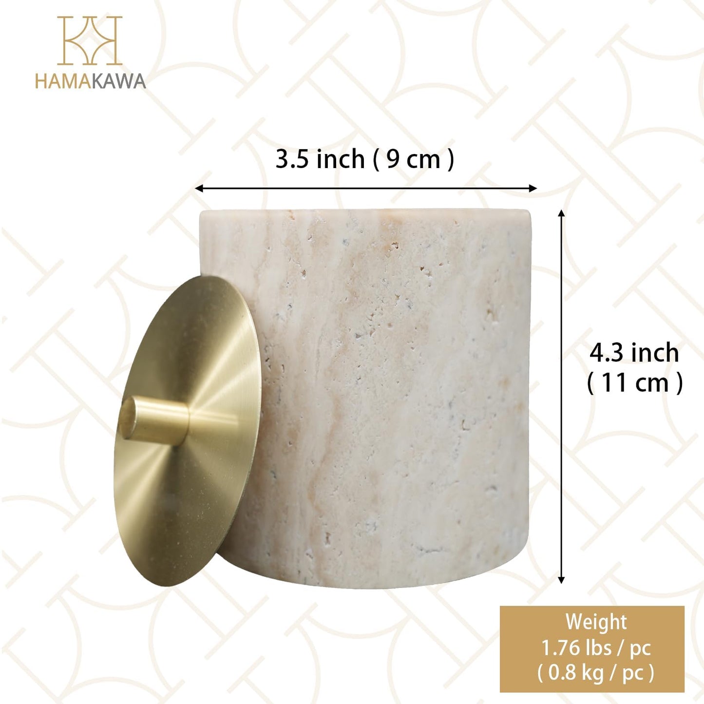 HAMAKAWA Nartural Marble Qtip Holder with Brass Lid, Beige Travertine Cotton Swab Jar, Modern Round Canister, Small Apothecary Storage Jars for Bathroom, Bedroom, Vanity, Kitchen Cabinet