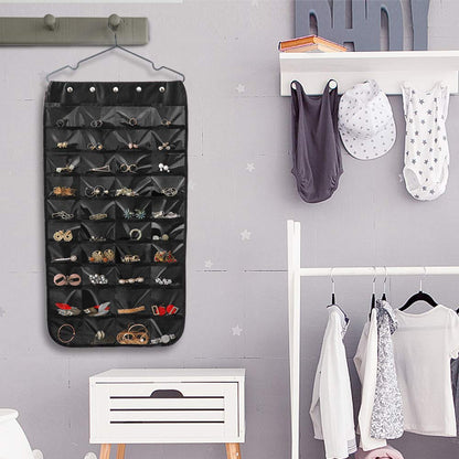 Forypretty Hanging Jewelry Organizer, Double-Sided 80 Pockets (40 Front + 40 Back), Closet & Hook Jewelry Storage, for Earrings, Necklaces, Bracelets, Rings & Pendants, Black