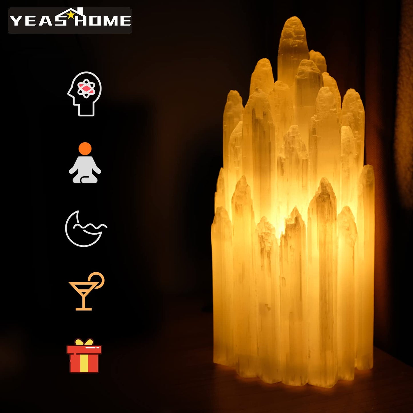 Handcrafted Selenite Lamp Carved Tower, White