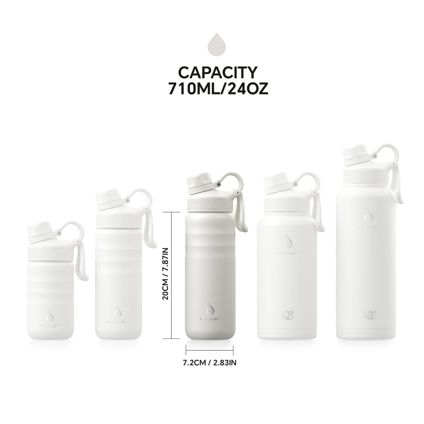IDEUS Insulated Stainless Steel Water Bottle with 2 Leak-Proof Lids, Thermal Water Flask for Hiking Biking, 24oz, White