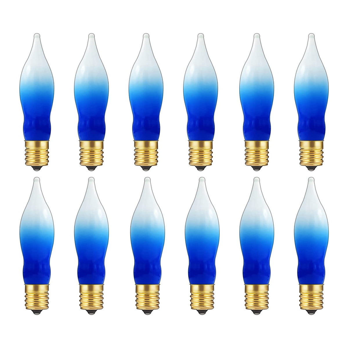 GOOTHY 12 Pack White Blue Christmas Flame Shape Light Bulbs, C18 Candle Light Replacement Bulbs for Christmas Hanukah Electric Candles Chandeliers- 7 Watts /120 Volts/ E12 Candelabra Base- White/Blue