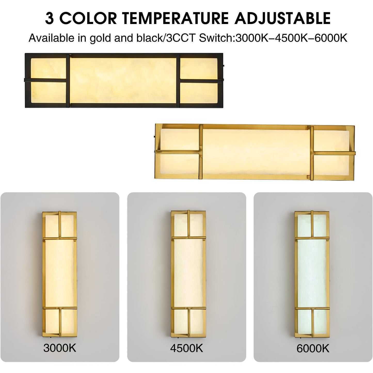 Fanyank 15.7inch Alabaster Wall Sconces Set of Two, 3 CCT Dimmable Square Natural Marble Lampshade Wall Sconce, Modern Hardwired LED Alabaster Indoor Wall Lamps Dining Room Stairs Bedroom Gold