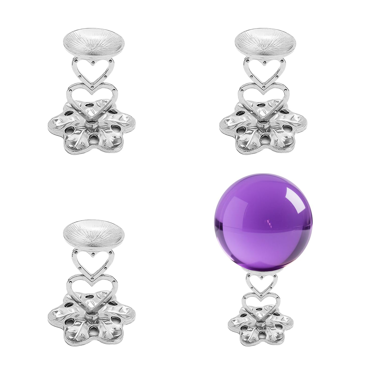 GeryVtee 4PCS Metal Crystal Ball Stand Sphere Display Stand Crystal Holder Balls Ornament Rack Holder Metal Base Heart Flower Shape (Silver)