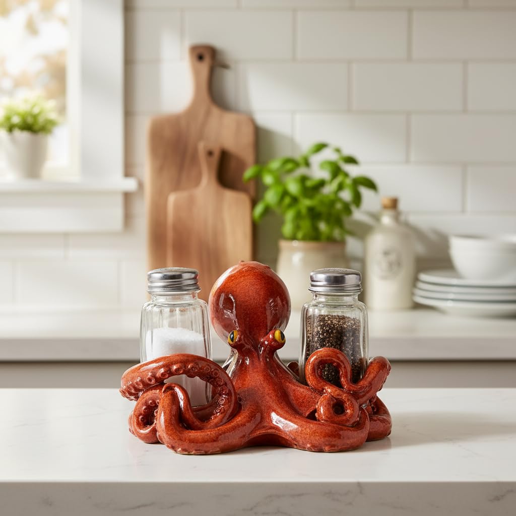 Comfy Hour 5" Octopus Salt and Pepper Shaker Duo, Decorative Coastal Ocean Figurine Holder for Kitchen Tabletop, Artisan Crafted Resin Animal Accent, Includes 2-Count Glass Bottles, Brown