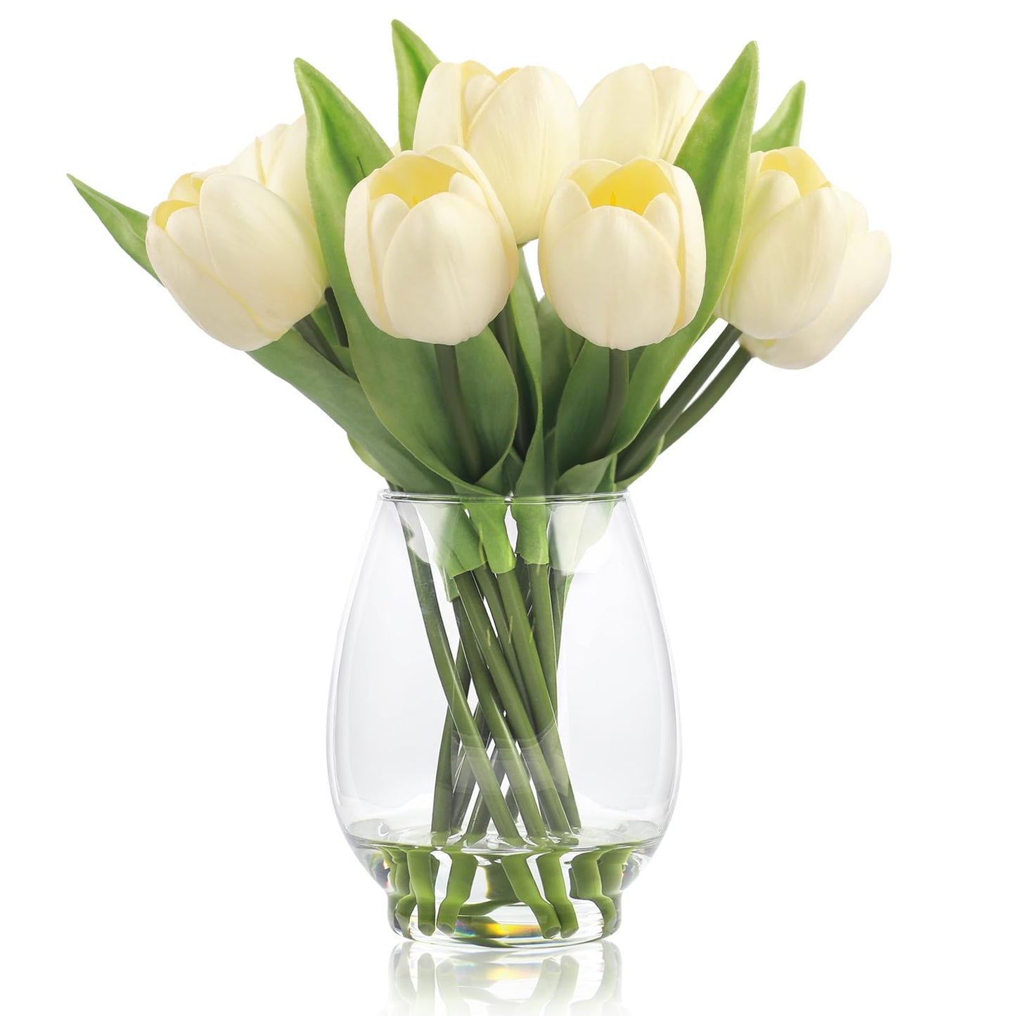 WELL KNOWN 12 Pcs Tulips Artificial Flowers in Vase, Real Touch Tulips with Vase with Upgrate Acrylic Water Flower Arrangements Centerpiece for Dining Room Table Decoration（Cream）