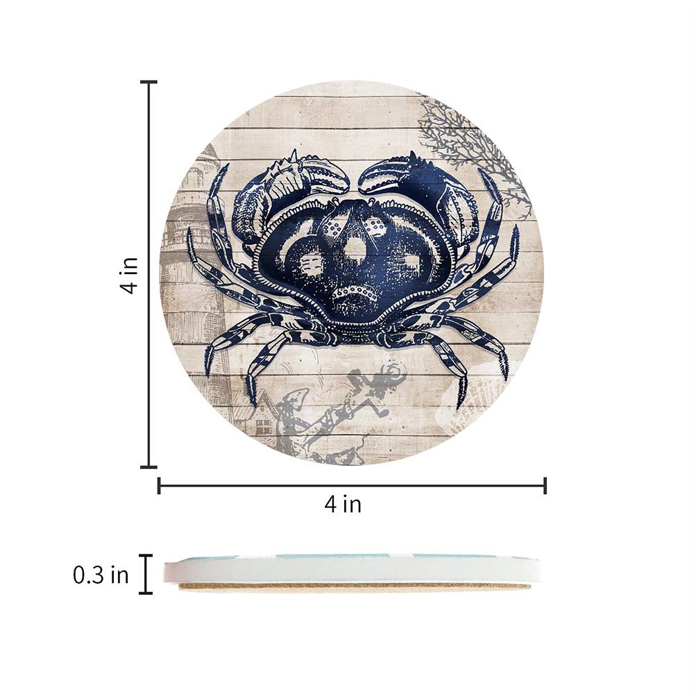Absorbent Coasters Natural Ceramic Thirsty Stone Navy Blue Octopus Seahorse Crab Turtle Ocean Theme Coaster Set for Drinks Cork Backing (sea Animals)…