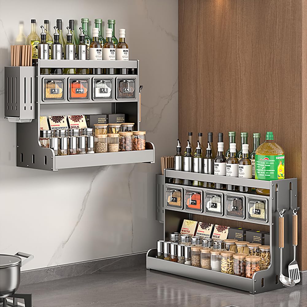 ANQIA Kitchen Seasoning Shelf Spice Rack Wall Mount with Hooks and Utensil Holder Hanging Seasoning Box Shelf Seasoning Jar Organizer for Sugar Salt Pepper Oil Bottle (4 Boxes)