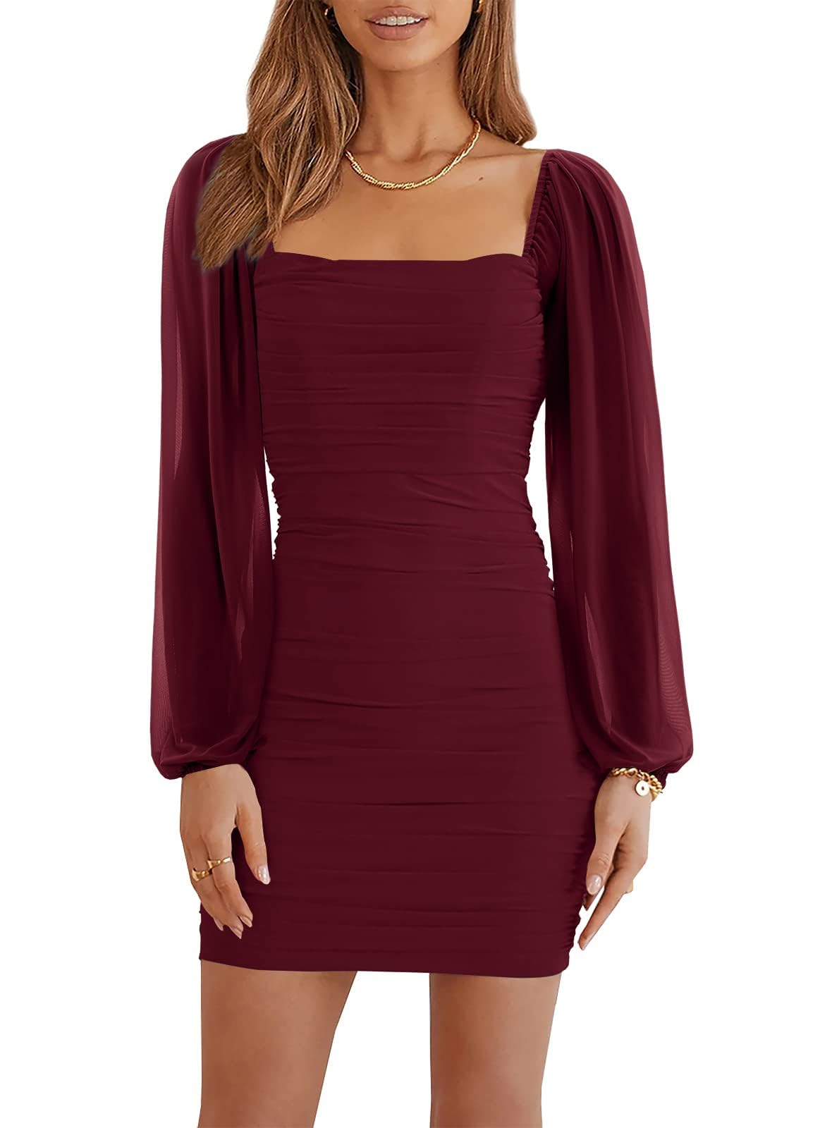 Ofenbuy Women's Mesh Long Sleeve Dress Square Neck Ruched Mini Bodycon Dress Stretch Party Cocktail Dresses Wine Red