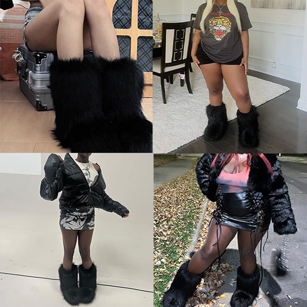 Valpeak Snow Boots for Women 2023 Furry Boots Winter Knee High Flat Heel Fluffy Faux Fur Boots(Black,9)