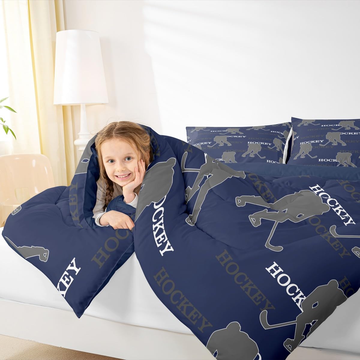 Manfei Hockey Players Kids Comforter Set Queen Size, Bedding Set,Girls Boys Room Decor,Competitive Games Teamwork Quilt Comforter,Dark Blue Gray Duvet Set Bedroom Quilt Set,2 Pillowcases