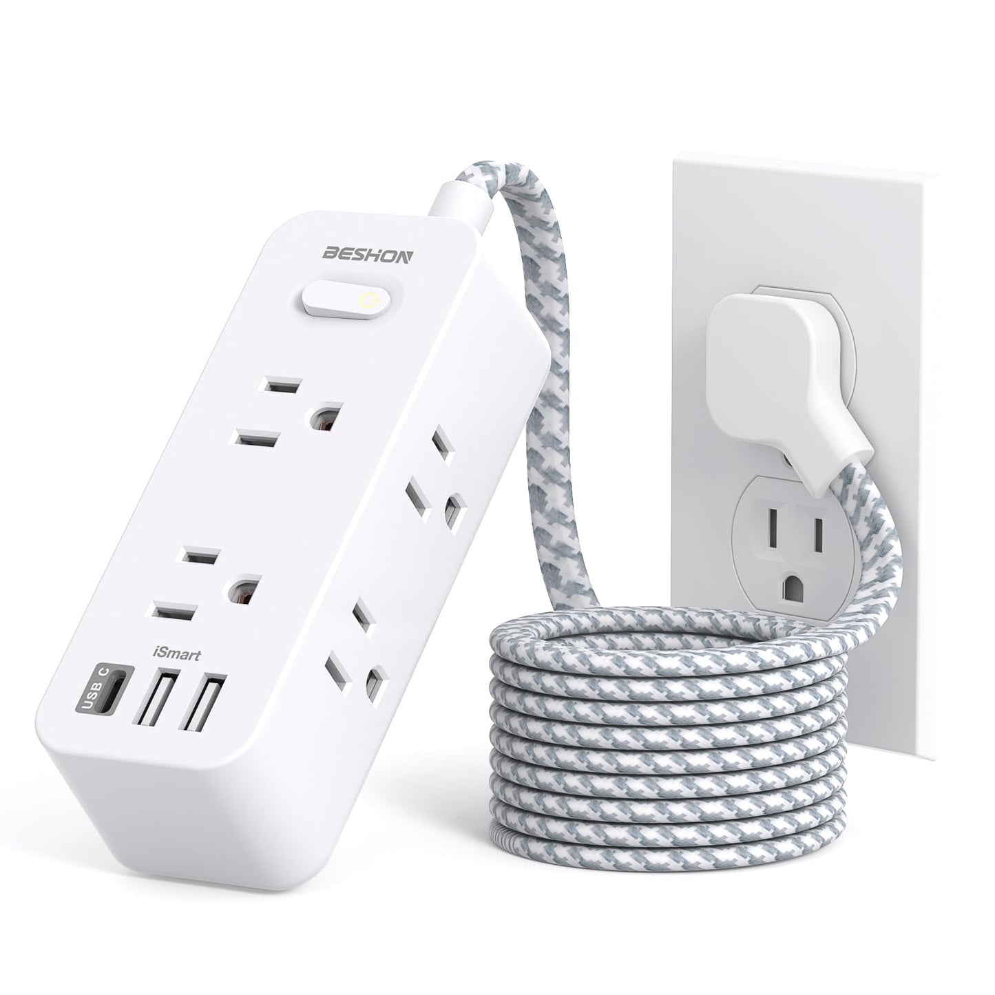 Power Strip Surge Protector, BESHON 5Ft Extension Cord, 6 Outlets with 4 USB Ports (2 USB C Outlet), 3-Side Outlet Extender, Wall Mount, Compact for Travel, Home, School, College Dorm Room and Office