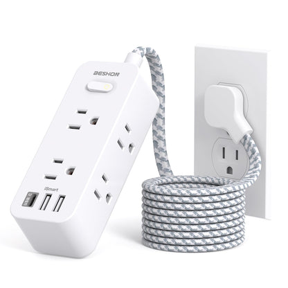 Power Strip Surge Protector, BESHON 5Ft Extension Cord, 6 Outlets with 4 USB Ports (2 USB C Outlet), 3-Side Outlet Extender, Wall Mount, Compact for Travel, Home, School, College Dorm Room and Office