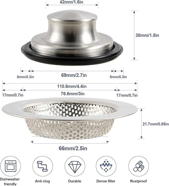 RQYEKDO Kitchen Sink Strainers Sink Stopper Kits, Stainless Steel Sink Drain