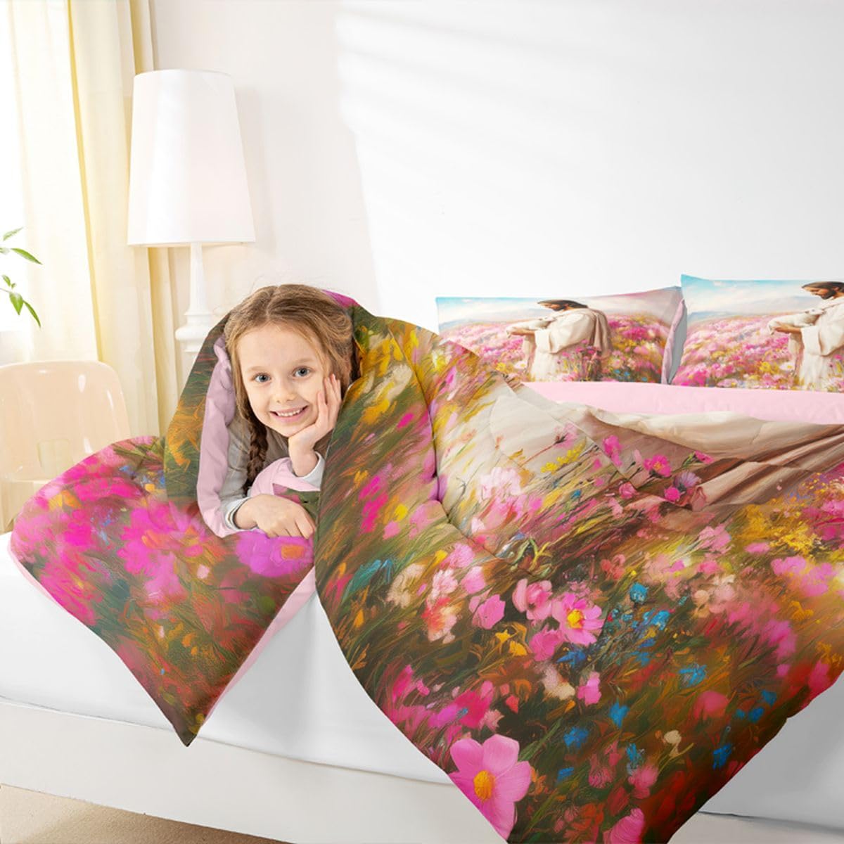 Manfei God and Lamb Kids Comforter Set Twin Size,The Lost Lamb Western Flowers Bedding Set Boys Girls Room Decor,Belief Spiritual Artwork Quilt Comforter,Pink Duvet Set Bedroom Quilt Set,1 Pillowcase