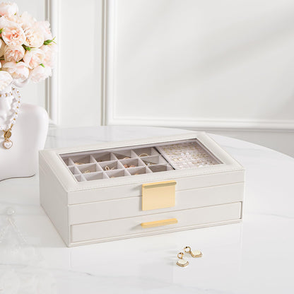 Lolalet Earring Storage Box Case with Glass Top, Large Earring Jewelry Holder Organizer Display with Drawer and Grid, Mothers Day Gifts -2 Tiers, Cloud White