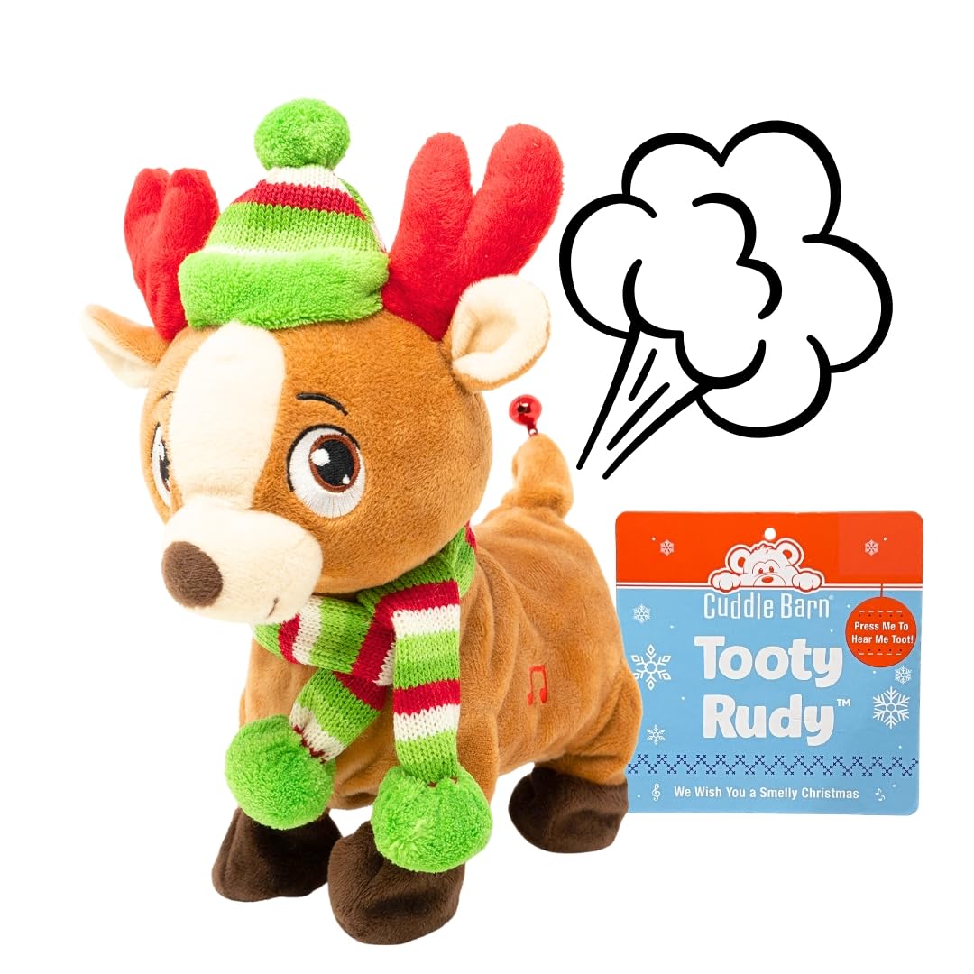 Cuddle Barn | Tooty Rudy - Farting Reindeer Toy | Christmas Plush Walks, Shakes Tail, Makes Fart Noises - Sings We Wish You a Smelly Christmas | White Elephant Gift for Adults, Teens, Kids - 10 Inches