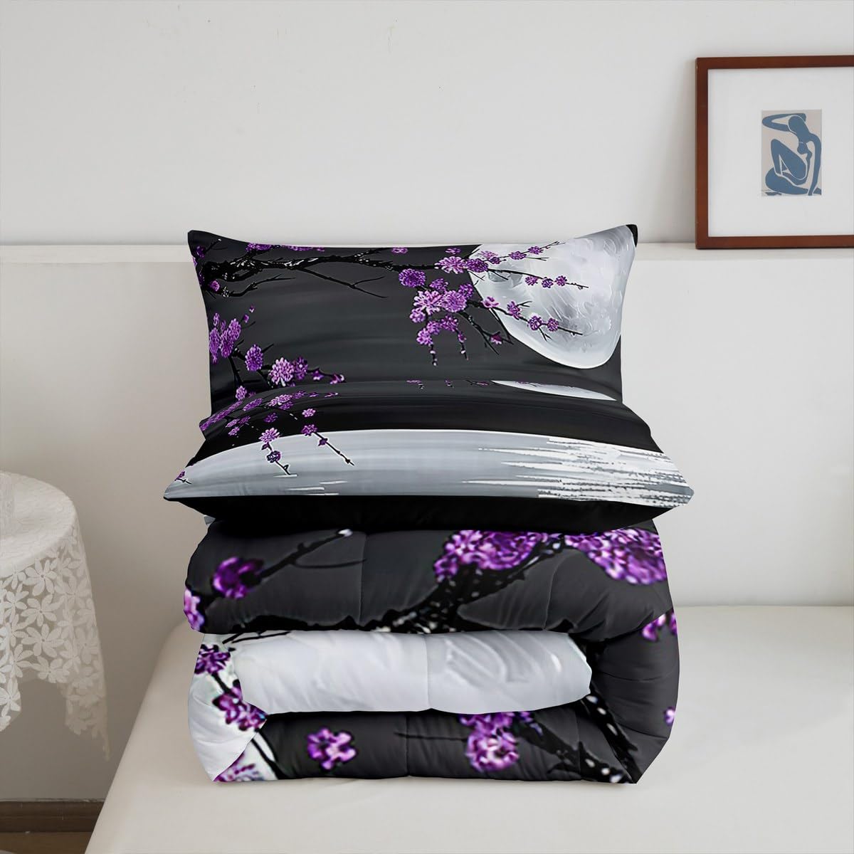Manfei Moon Lake Twin Size Comforter Set,Purple Blossom Flower Duvet Set Soft Bed Collection,Romantic Japanese Style Bedding Comforter for Boys Girls Bedroom,2 Pcs