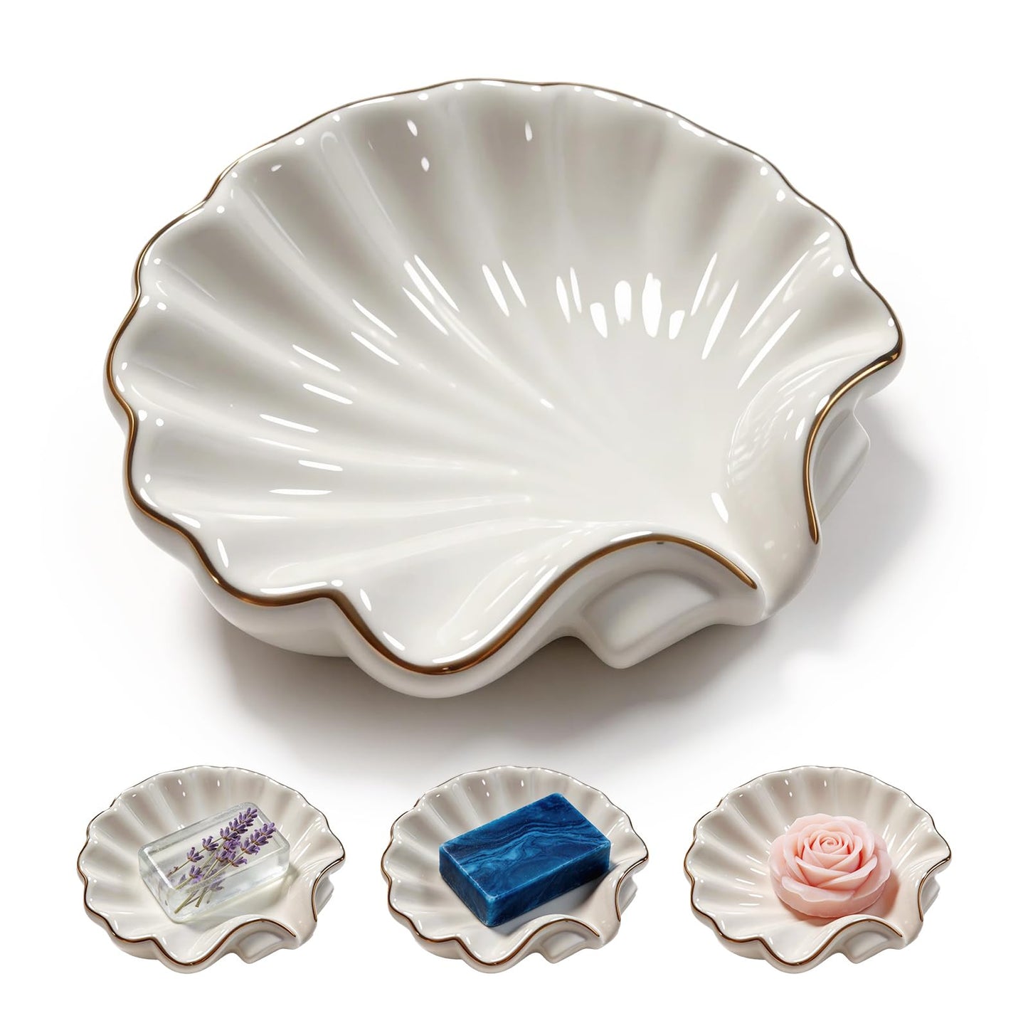 Shell Soap Dish,Ceramic Soap Dishes for Bar Soap – Decorative Bathroom Accessory with Gold Trim, Non-Slip Design, Easy to Clean, Ideal for Shower, Vanity, and Kitchen Sink Use