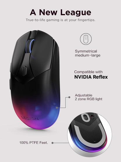 Lenovo Legion M410 Wireless RGB Gaming Mouse – 6 Button Palm Grip Mouse with 16,000 DPI, 53 Hour Rechargeable Battery, 2-Zone RGB Lighting, NVIDIA Reflex Compatible