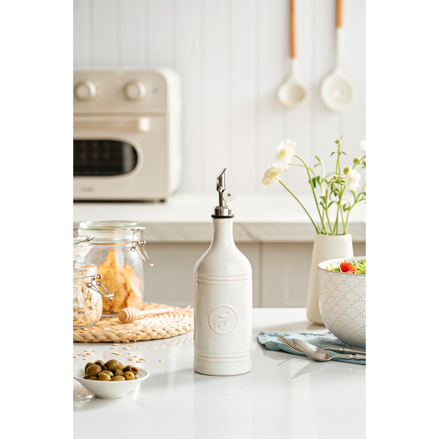MIKIGEY Olive Oil Dispenser Bottle with Spout, 18 oz Ceramic Oil Dispensers for Kitchen, Opaque Cruet, EVOO & Vinegar Bottle with Automatic Stainless Steel Pourer, Pack of 1