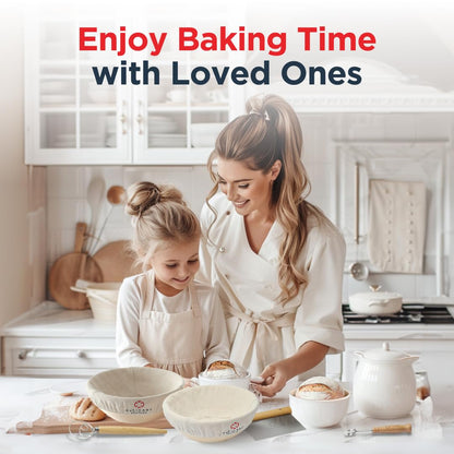 Bread Proofing Basket Set of 2 - Round 9" Sourdough Bread Baking Supplies w/Linen Liner, Scrapers, Scoring Lame, Whisk, Blades Banneton Proofing Baskets - Sourdough Starter Kit for Beginners