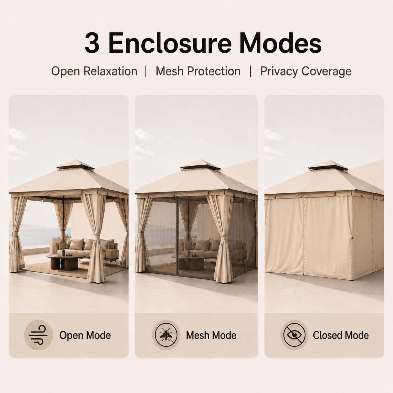Kingdura 10'x10' Outdoor Gazebo, Heavy Duty Metal Patio Canopy Tent Shelter with Double Roof, Mosquito Netting & Privacy Curtains for Backyard, Garden, Deck, Lawn, Khaki